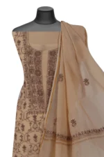 Srajann Hand Embroided Fawn Mul Chanderi Lucknowi Chikankari Unstitched Kurta Dupatta Set (SLC1705) - Image 4