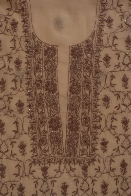 Srajann Hand Embroided Fawn Mul Chanderi Lucknowi Chikankari Unstitched Kurta Dupatta Set