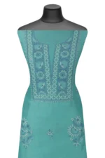 Srajann Hand Embroided Green Mul Chanderi Lucknowi Chikankari Unstitched Kurta Dupatta Set (SLC1707) - Image 6