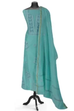 Srajann Hand Embroided Green Mul Chanderi Lucknowi Chikankari Unstitched Kurta Dupatta Set (SLC1707) - Image 2