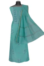 Srajann Hand Embroided Green Mul Chanderi Lucknowi Chikankari Unstitched Kurta Dupatta Set (SLC1707) - Image 3