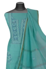Srajann Hand Embroided Green Mul Chanderi Lucknowi Chikankari Unstitched Kurta Dupatta Set (SLC1707) - Image 4