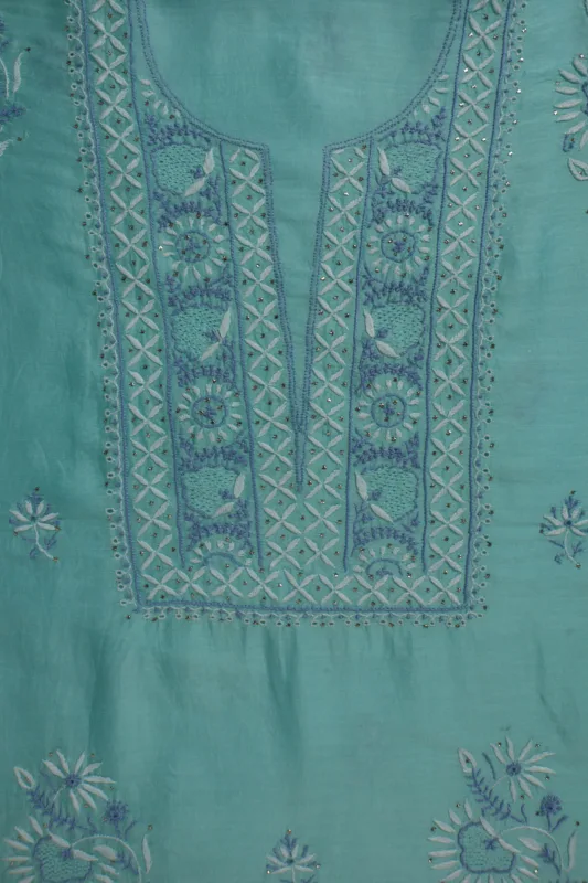 Srajann Hand Embroided Green Mul Chanderi Lucknowi Chikankari Unstitched Kurta Dupatta Set