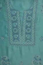 Srajann Hand Embroided Green Mul Chanderi Lucknowi Chikankari Unstitched Kurta Dupatta Set