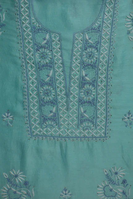 Srajann Hand Embroided Green Mul Chanderi Lucknowi Chikankari Unstitched Kurta Dupatta Set