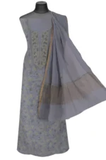 Srajann Hand Embroided Grey Mul Chanderi Lucknowi Chikankari Unstitched Kurta Dupatta Set (SLC17010) - Image 2