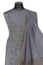 Srajann Hand Embroided Grey Mul Chanderi Lucknowi Chikankari Unstitched Kurta Dupatta Set (SLC17010) - Image 6