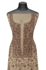 Srajann Hand Embroided Cream Mul Chanderi Lucknowi Chikankari Unstitched Kurta Dupatta Set (SLC17011) - Image 5