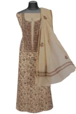 Srajann Hand Embroided Cream Mul Chanderi Lucknowi Chikankari Unstitched Kurta Dupatta Set (SLC17011) - Image 4
