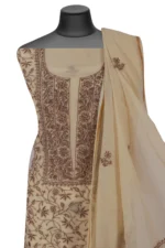 Srajann Hand Embroided Cream Mul Chanderi Lucknowi Chikankari Unstitched Kurta Dupatta Set (SLC17011) - Image 3