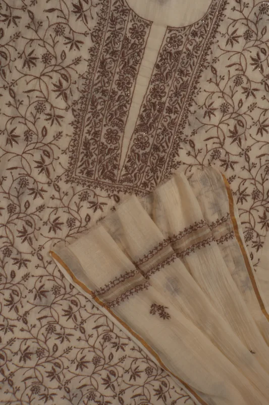 Srajann Hand Embroided Cream Mul Chanderi Lucknowi Chikankari Unstitched Kurta Dupatta Set