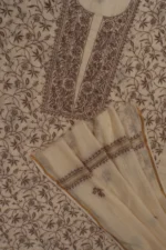 Srajann Hand Embroided Cream Mul Chanderi Lucknowi Chikankari Unstitched Kurta Dupatta Set