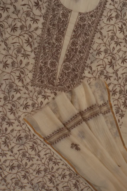 Srajann Hand Embroided Cream Mul Chanderi Lucknowi Chikankari Unstitched Kurta Dupatta Set