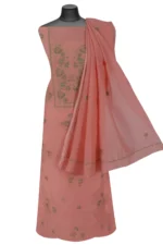 Srajann Hand Embroided Peach Mul Chanderi Lucknowi Chikankari Unstitched Kurta Dupatta Set (SLC17012) - Image 4