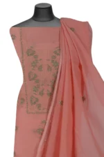 Srajann Hand Embroided Peach Mul Chanderi Lucknowi Chikankari Unstitched Kurta Dupatta Set (SLC17012) - Image 3