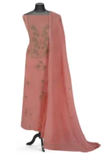 Srajann Hand Embroided Peach Mul Chanderi Lucknowi Chikankari Unstitched Kurta Dupatta Set (SLC17012) - Image 2