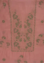 Srajann Hand Embroided Peach Mul Chanderi Lucknowi Chikankari Unstitched Kurta Dupatta Set (SLC17012) - Image 9
