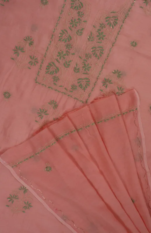 Srajann Hand Embroided Peach Mul Chanderi Lucknowi Chikankari Unstitched Kurta Dupatta Set