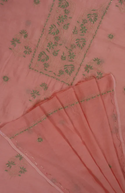 Srajann Hand Embroided Peach Mul Chanderi Lucknowi Chikankari Unstitched Kurta Dupatta Set
