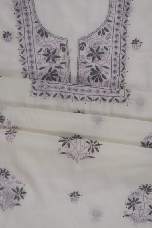 Srajann Hand Embroided white Mul Chanderi Lucknowi Chikankari Unstitched Kurta Dupatta Set