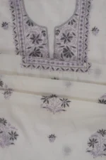 Srajann Hand Embroided white Mul Chanderi Lucknowi Chikankari Unstitched Kurta Dupatta Set