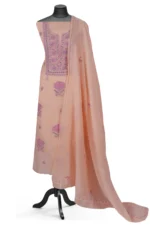 Srajann Hand Embroided Orange Mul Chanderi Lucknowi Chikankari Unstitched Kurta Dupatta Set (SLC17015) - Image 3