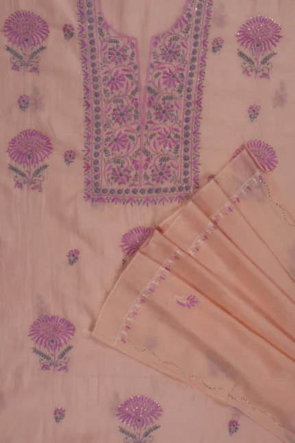 Srajann Hand Embroided Orange Mul Chanderi Lucknowi Chikankari Unstitched Kurta Dupatta Set