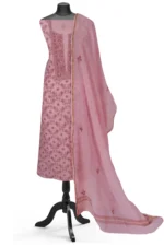 Srajann Hand Embroided Pink Mul Chanderi Lucknowi Chikankari Unstitched Kurta Dupatta Set (SLC1352) - Image 3