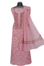 Srajann Hand Embroided Pink Mul Chanderi Lucknowi Chikankari Unstitched Kurta Dupatta Set (SLC1352) - Image 2