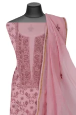 Srajann Hand Embroided Pink Mul Chanderi Lucknowi Chikankari Unstitched Kurta Dupatta Set (SLC1352) - Image 6