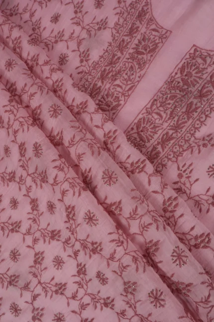 Srajann Hand Embroided Pink Mul Chanderi Lucknowi Chikankari Unstitched Kurta Dupatta Set