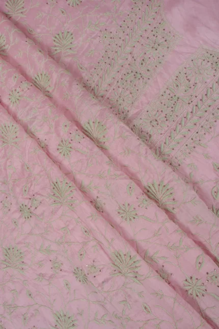 Srajann Hand Embroided Pink Mul Chanderi Lucknowi Chikankari Unstitched Kurta Dupatta Set