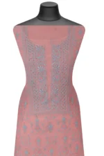 Srajann Hand Embroided Peach Mul Chanderi Lucknowi Chikankari Unstitched Kurta Dupatta Set (SLC1354) - Image 4