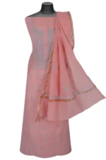 Srajann Hand Embroided Peach Mul Chanderi Lucknowi Chikankari Unstitched Kurta Dupatta Set (SLC1354) - Image 2
