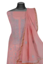 Srajann Hand Embroided Peach Mul Chanderi Lucknowi Chikankari Unstitched Kurta Dupatta Set (SLC1354) - Image 6