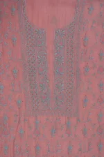 Srajann Hand Embroided Peach Mul Chanderi Lucknowi Chikankari Unstitched Kurta Dupatta Set (SLC1354) - Image 8