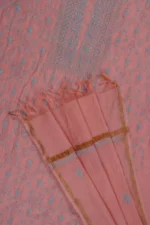 Srajann Hand Embroided Peach Mul Chanderi Lucknowi Chikankari Unstitched Kurta Dupatta Set