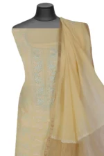 Srajann Hand Embroided Lemon Mul Chanderi Lucknowi Chikankari Unstitched Kurta Dupatta Set (SLC1355) - Image 6