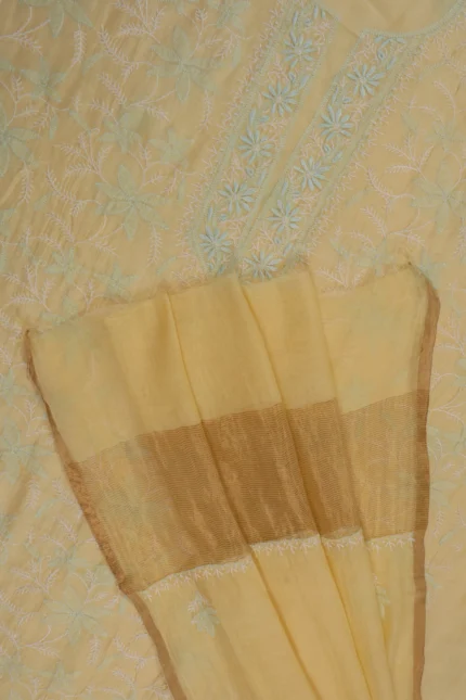 Srajann Hand Embroided Lemon Mul Chanderi Lucknowi Chikankari Unstitched Kurta Dupatta Set