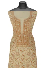 Srajann Hand Embroided Cream Mul Chanderi Lucknowi Chikankari Unstitched Kurta Dupatta Set (SLC1356) - Image 3