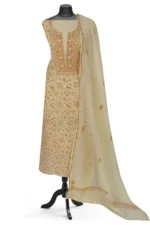 Srajann Hand Embroided Cream Mul Chanderi Lucknowi Chikankari Unstitched Kurta Dupatta Set (SLC1356) - Image 2