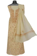 Srajann Hand Embroided Cream Mul Chanderi Lucknowi Chikankari Unstitched Kurta Dupatta Set (SLC1356) - Image 5