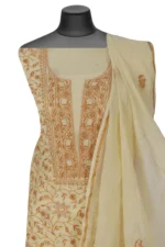 Srajann Hand Embroided Cream Mul Chanderi Lucknowi Chikankari Unstitched Kurta Dupatta Set (SLC1356) - Image 6