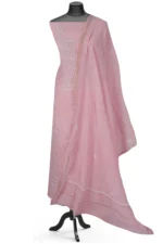 Srajann Hand Embroided Pink Mul Chanderi Lucknowi Chikankari Unstitched Kurta Dupatta Set (SLC1357) - Image 2