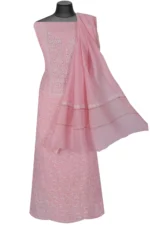 Srajann Hand Embroided Pink Mul Chanderi Lucknowi Chikankari Unstitched Kurta Dupatta Set (SLC1357) - Image 5