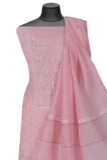 Srajann Hand Embroided Pink Mul Chanderi Lucknowi Chikankari Unstitched Kurta Dupatta Set (SLC1357) - Image 6