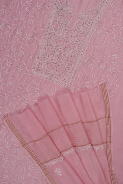 Srajann Hand Embroided Pink Mul Chanderi Lucknowi Chikankari Unstitched Kurta Dupatta Set