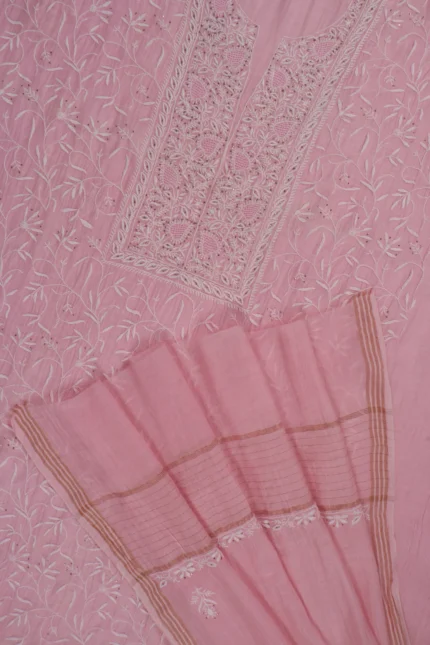 Srajann Hand Embroided Pink Mul Chanderi Lucknowi Chikankari Unstitched Kurta Dupatta Set