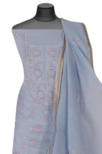 Srajann Hand Embroided Grey Mul Chanderi Lucknowi Chikankari Unstitched Kurta Dupatta Set (SLC1358) - Image 3