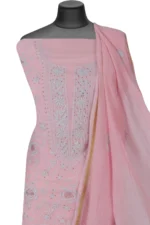 Srajann Hand Embroided Pink Mul Chanderi Lucknowi Chikankari Unstitched Kurta Dupatta Set (SLC1361) - Image 5